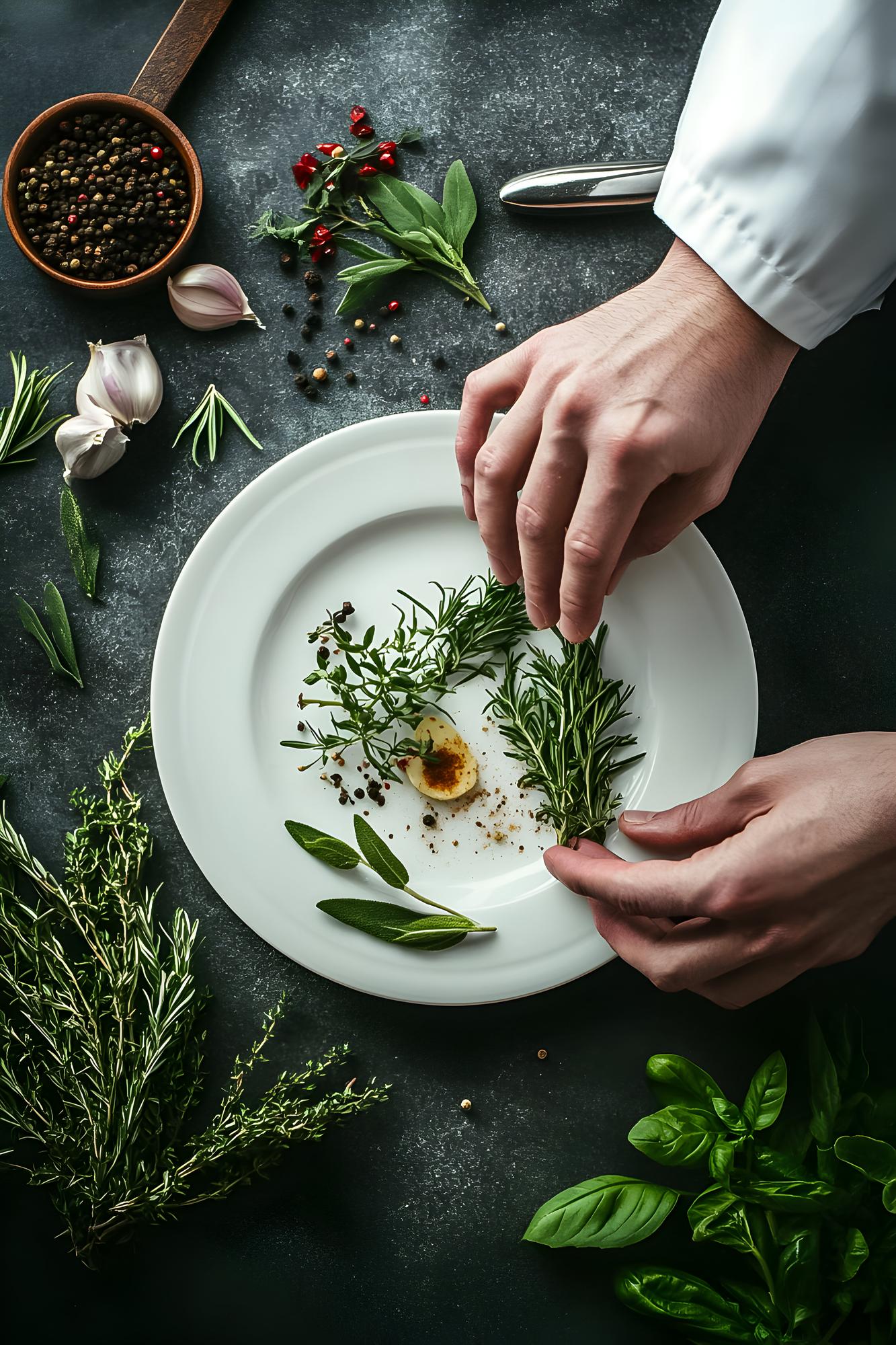 Chef arranging fresh plate with herbs and pottery